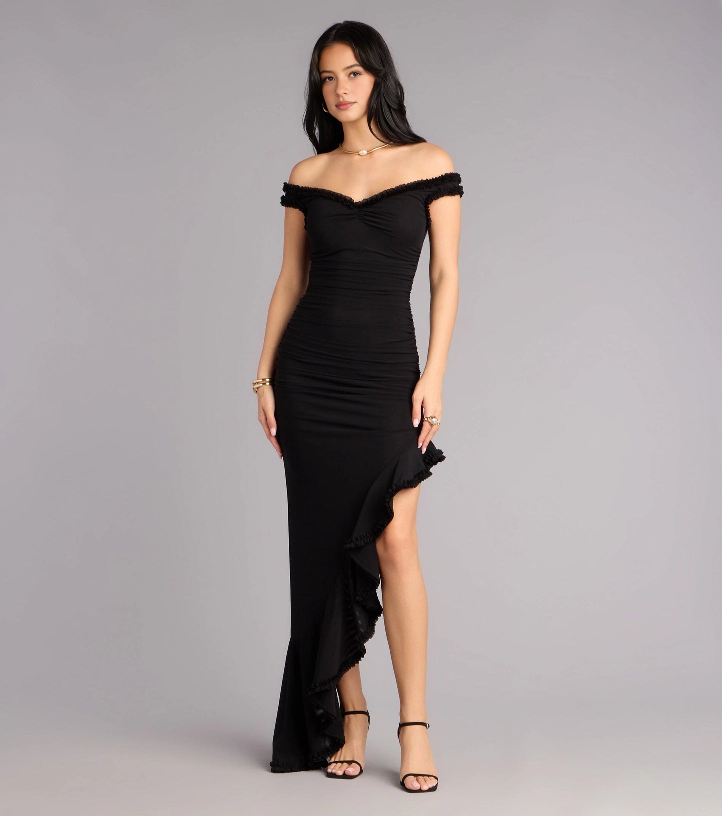 RoselleDress black ruched mermaid prom gown off shoulder ruffle trim high slit formal evening dress