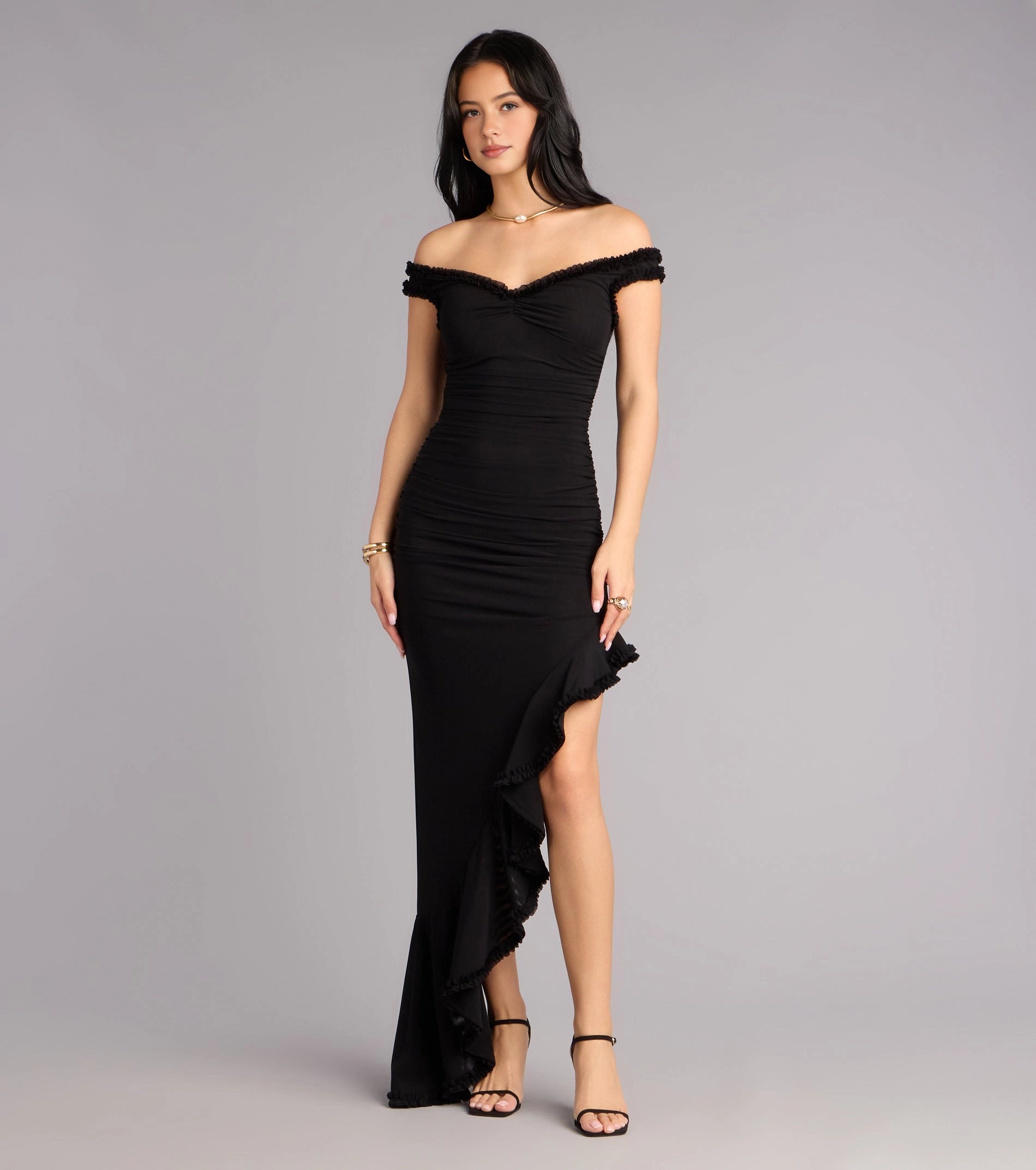 RoselleDress black ruched mermaid prom gown off shoulder ruffle trim high slit formal evening dress
