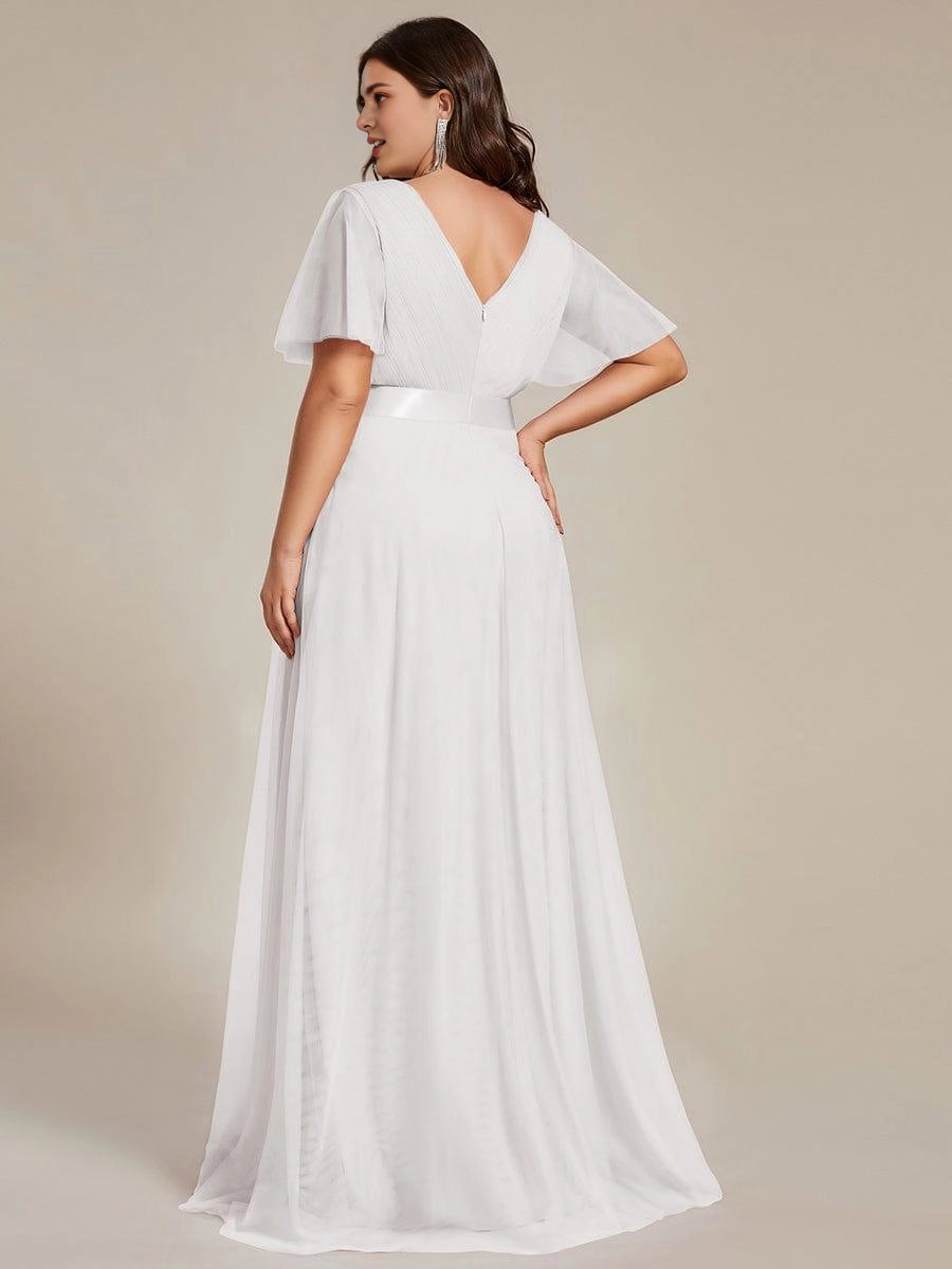 Roselledress Soft A-Line V-Neck Flutter-Sleeve V-Zip-Back Floor-Length Plus Size Weeding Guest Dress