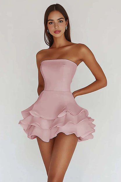 White A-Line Straight Strapless Closed Back Mini Homecoming Dress