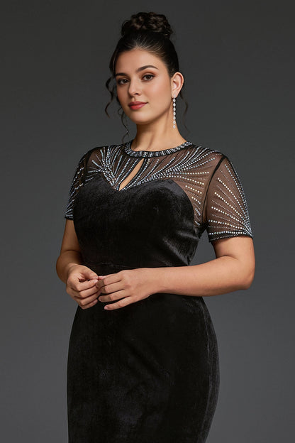 Plus Size Black Mermaid Keyhole‑Neck Short‑Sleeve Sheer‑Back Ankle‑Length Prom Dress
