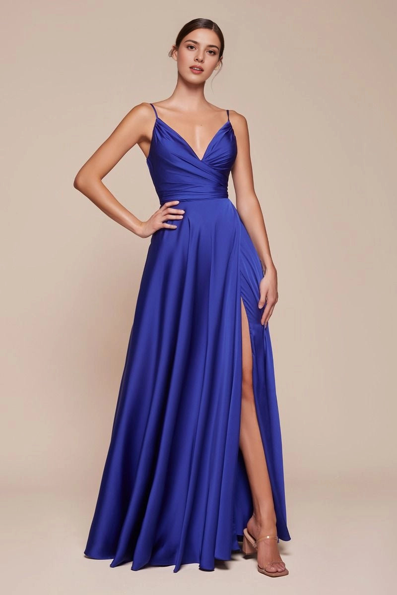 Roselledress Flowy A-Line Wrap V Low-Back Spaghetti Strap Maxi Plus Size Prom Dress