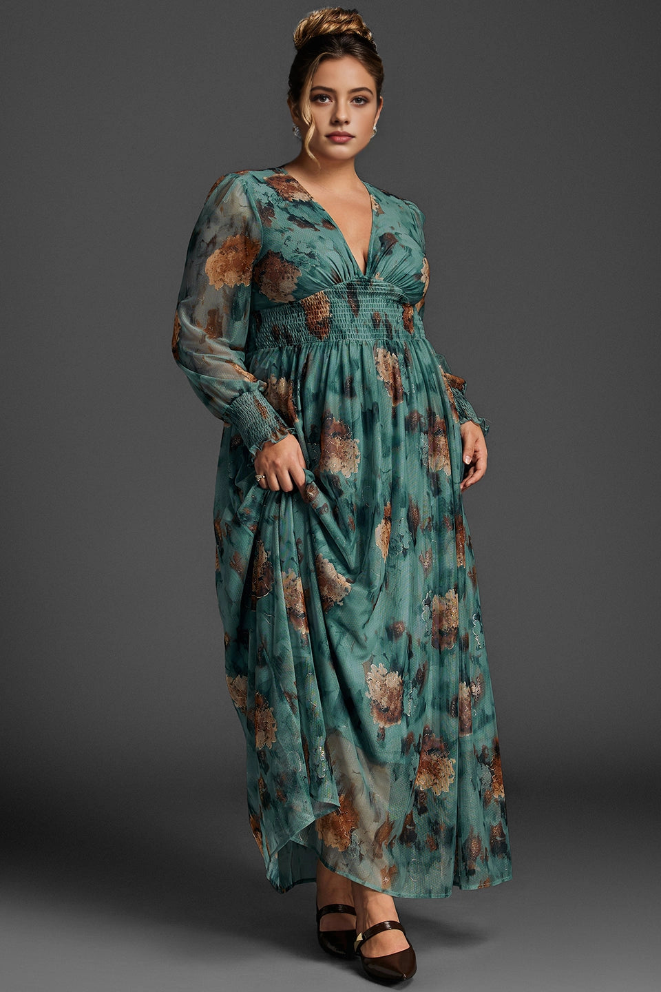 Flowy A-Line Deep V Sheer-Sleeve Plain-Back Midi Plus Size Floral Mother Of Bride Dress