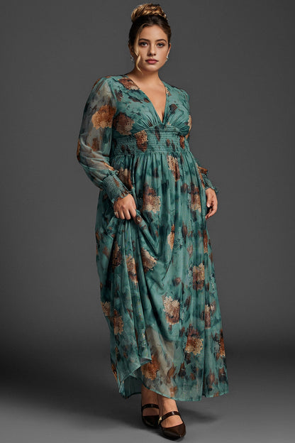 Flowy A-Line Deep V Sheer-Sleeve Plain-Back Midi Plus Size Floral Mother Of Bride Dress