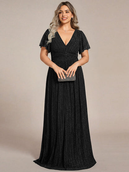 Roselledress Emerald Green Shimmer Pleated V-Neck Flutter Sleeve Zip Back Maxi Plus Size Weeding Guest Dress