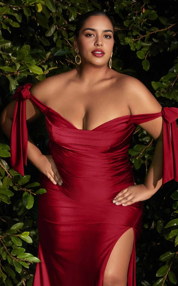 Roselledress Vibrant Plus Size Mermaid Off Shoulder Bow Open Back Slit Train Prom Dress
