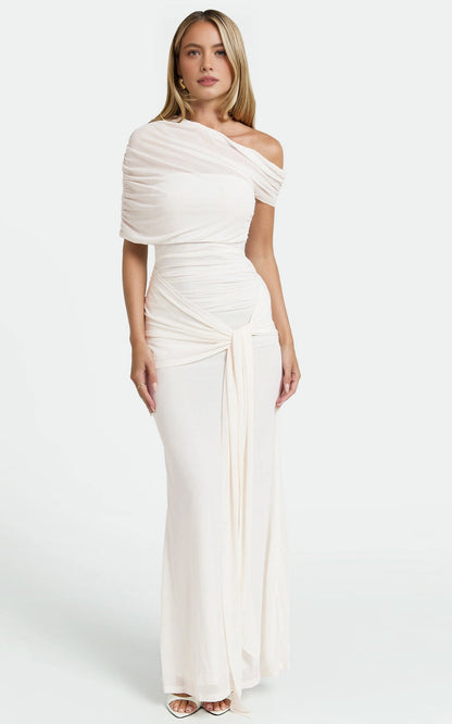 Romantic Mermaid One Shoulder Mesh Short Sleeve Open Back Tie Waist Plus Size Maxi Wedding Guest Dress