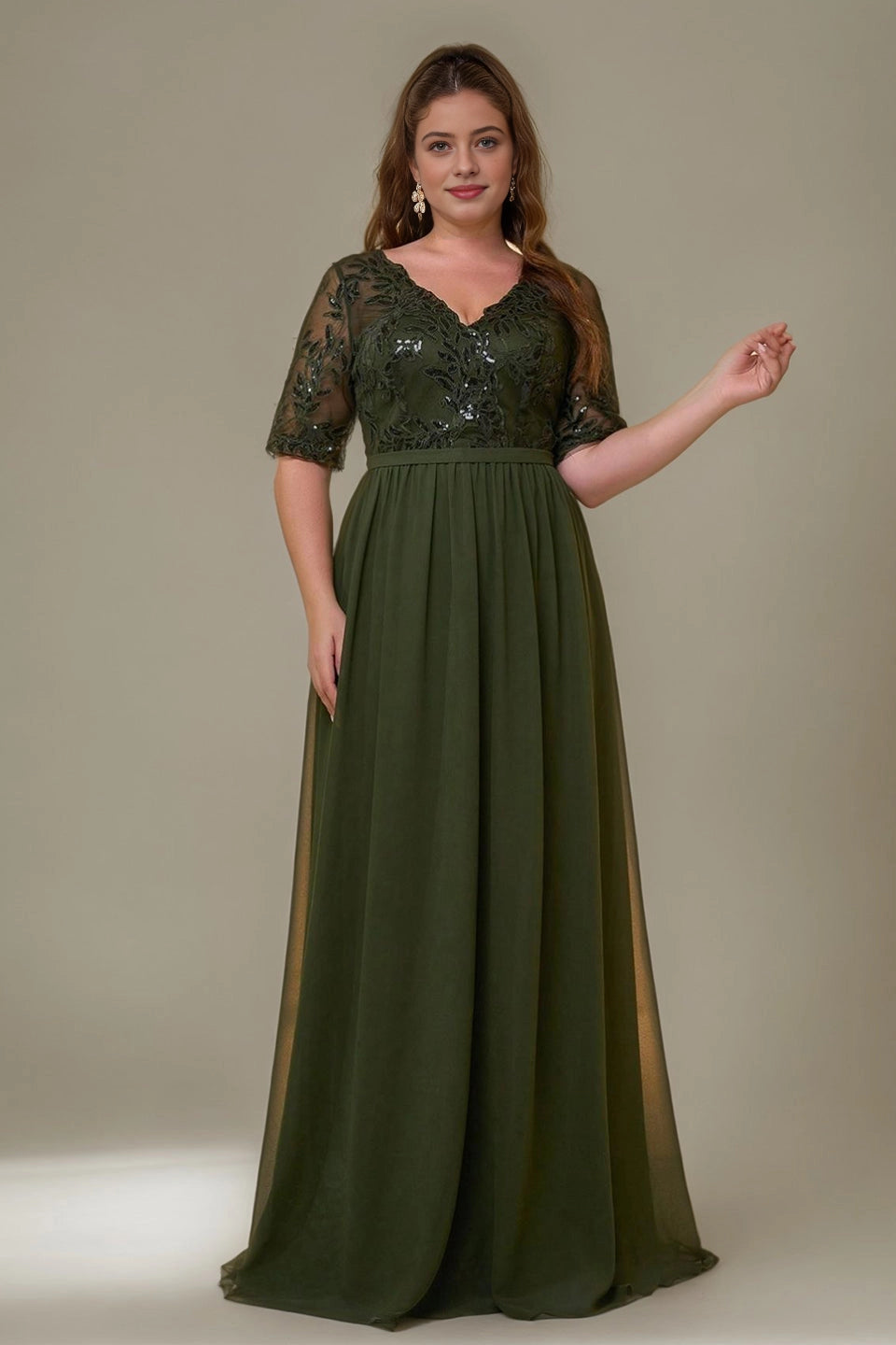 Flowy A-Line V-Neck Mid-Sleeve V-Back Floor-Length plus size Mother Of Bride Dress