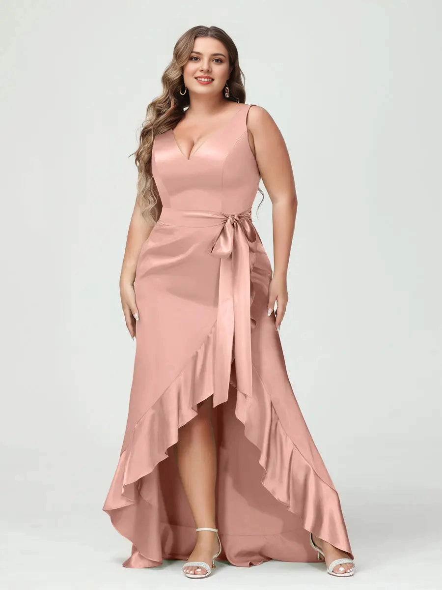 Elegant High-Low V-Neck Sash-Tie Zip-Back Plus Size Satin Prom Dress