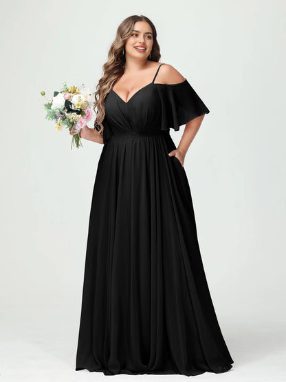 Romantic A-Line V Neck Off Shoulder Flutter Sleeve V Back Pocket Dusty Pink Chiffon Plus Size Mother Of The Bride Dress