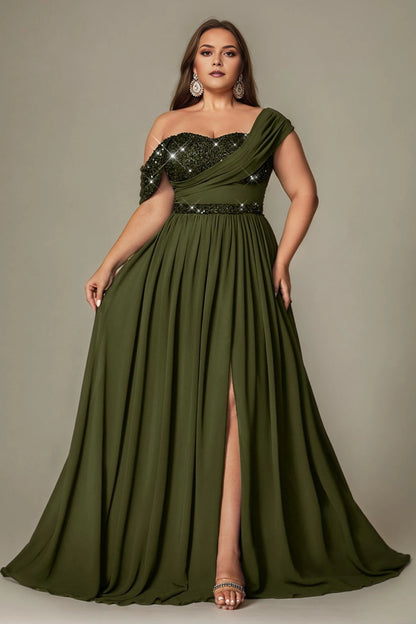 Navy Plus Size A-Line Off Shoulder Asymmetric Sleeve Straight Back Long Prom Dress