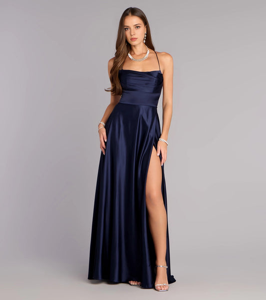 RoselleDress Navy Shiny Satin Cowl Neck High Slit Maxi Prom Dress Front View
