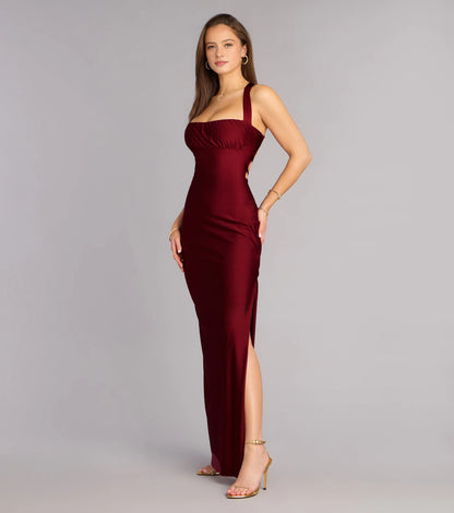 RoselleDress burgundy stretch square neck one wide strap ruched column prom maxi dress with thigh slit