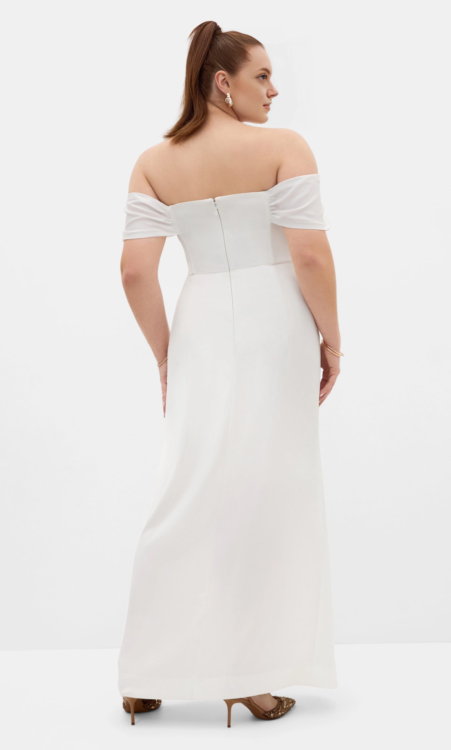 Plus‑Size Off‑The‑Shoulder Draped Satin Corset Bodice High Slit Column Maxi Wedding Guest Dress
