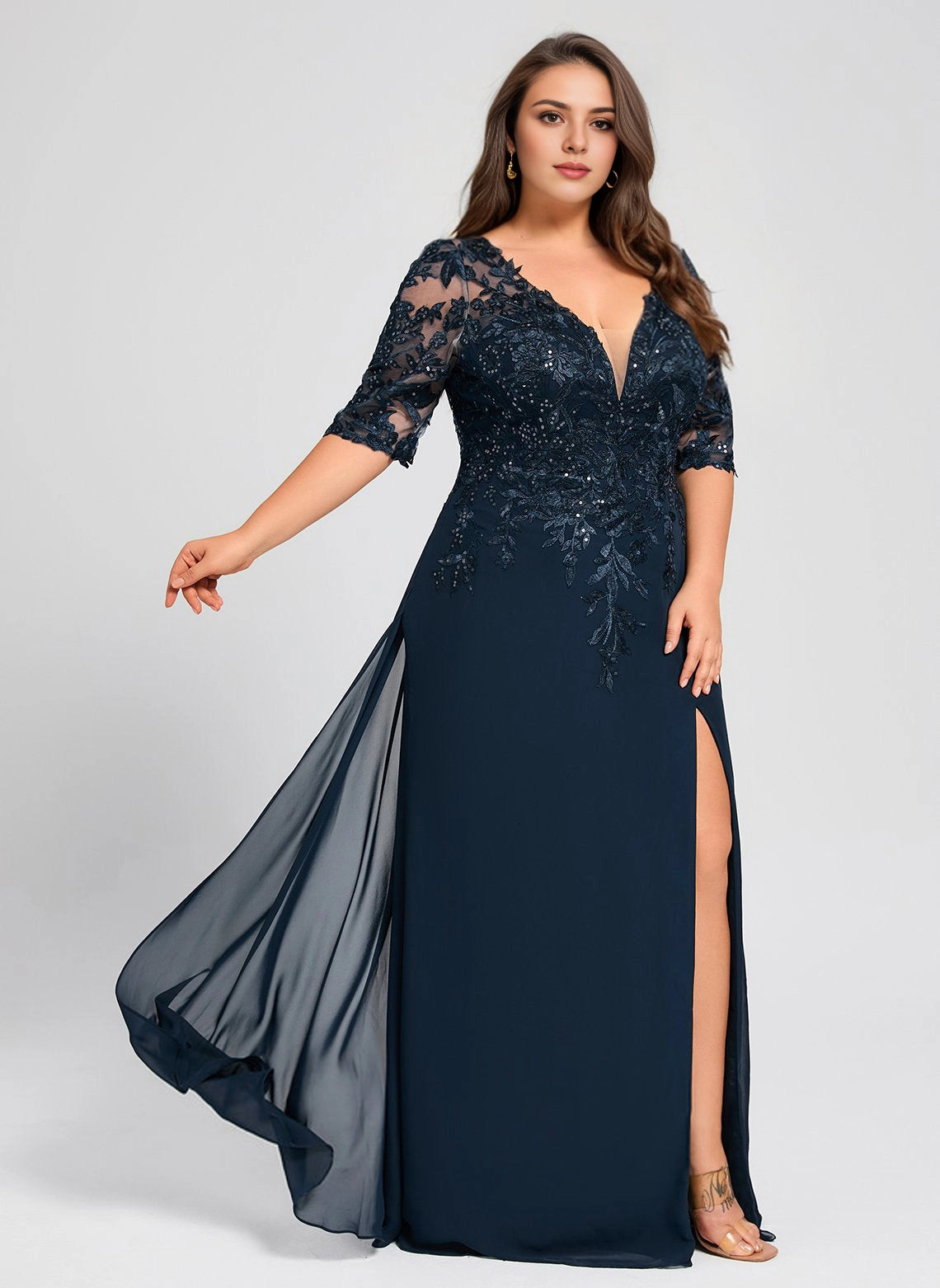 Gorgeous Plus Size A-Line V-Neck 3/4 Sleeve Illusion-Back Floor-Length Mother Of Bride Dress