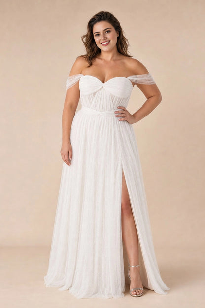 Dreamy A Line Off Shoulder V Back Bow Zipper Back Plus Size Glitter Tulle Maxi Prom Dress