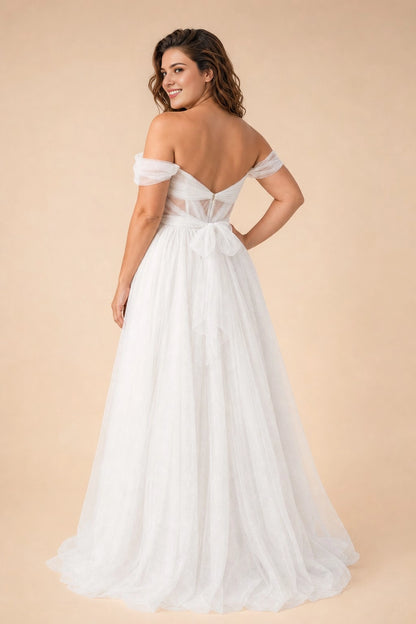Dreamy A Line Off Shoulder V Back Bow Zipper Back Plus Size Glitter Tulle Maxi Prom Dress