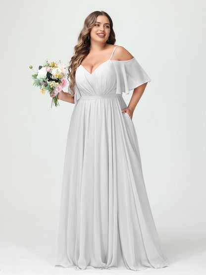 Romantic A-Line V Neck Off Shoulder Flutter Sleeve V Back Pocket Dusty Pink Chiffon Plus Size Mother Of The Bride Dress