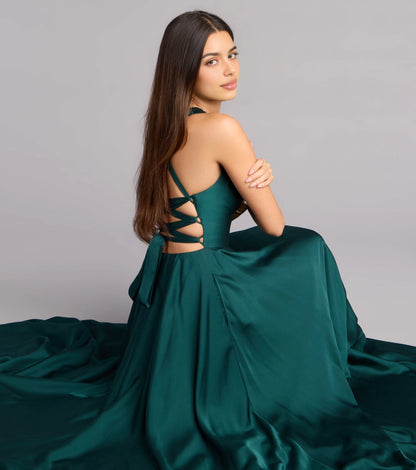 Roselledress Lustrous Satin Aline Spaghetti Criss CrossTie Back Plus size Slit Maxi Prom Dress
