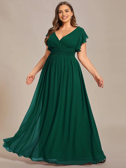 Roselledress Soft Nude Plus Size A Line V Neck Flutter Sleeves Heart Cutout Back Maxi Weeding Guest Dress