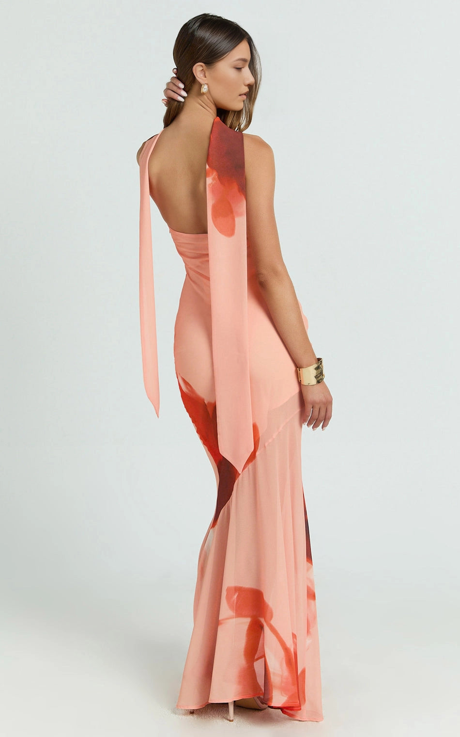 Roselledress long ribbon open back halter plus size wedding guest dress back view, floral print mermaid midi dress