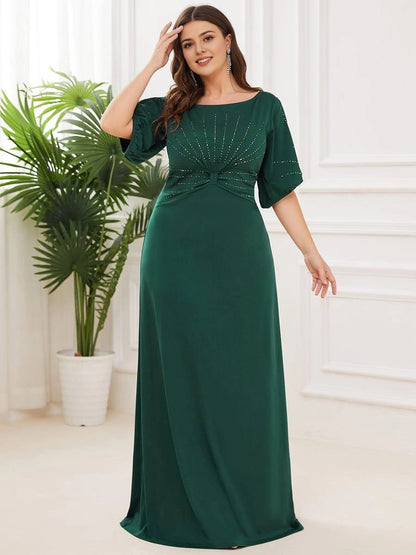 Roselledress Beaded A-Line Plus Size Scoop Cutout Sleeve Zipper Back Floor Weeding Guest Dress