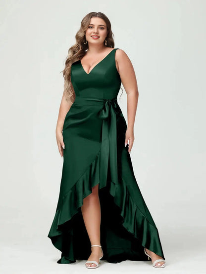 Elegant High-Low V-Neck Sash-Tie Zip-Back Plus Size Satin Prom Dress
