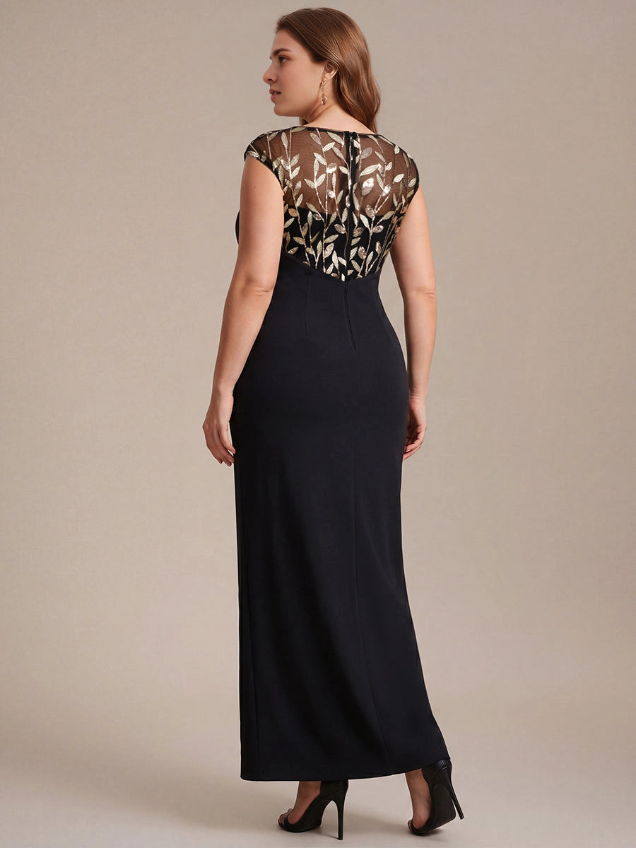 Roselledress Fitted Maxi Bateau Cap-Sleeve Mesh-Zip-Back Slit-Length Plus Size Weeding Guest Dress