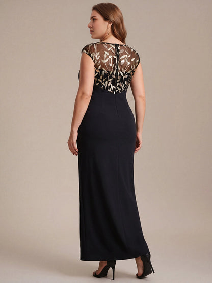 Roselledress Fitted Maxi Bateau Cap-Sleeve Mesh-Zip-Back Slit-Length Plus Size Weeding Guest Dress