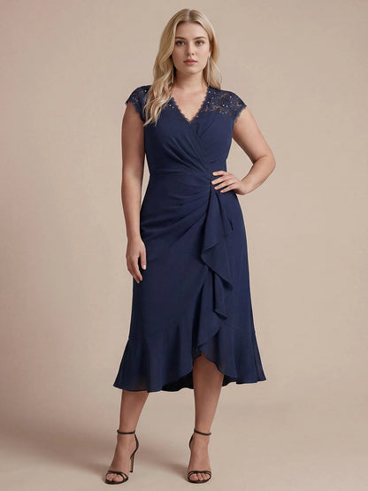 Roselledress Dusty Mauve Wrap V-Neck Lace Cap Sleeve Zip Back Midi Plus Size Weeding Guest Dress