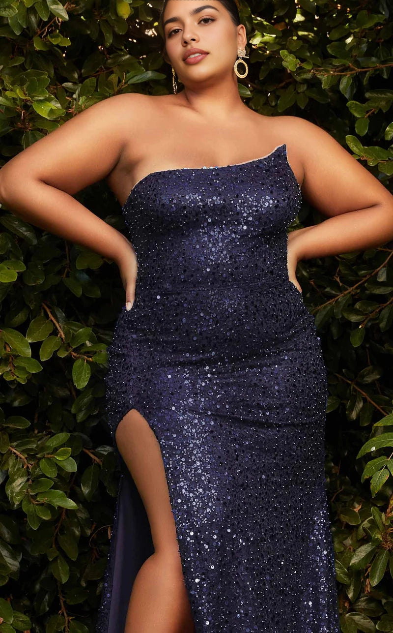Roselledress Sparkly Plus Size Mermaid Strapless Lace Up Back High Slit Sequin Prom Dress