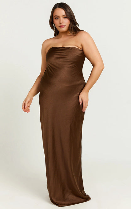 Strapless Cowl Back Button Detail Satin Bodycon Plus Size Wedding Guest Dress
