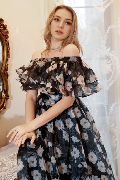 Plus Size Floral‑Print A‑Line Off‑The‑Shoulder Flutter‑Sleeve Simple‑Back Floor‑Length Prom Dress