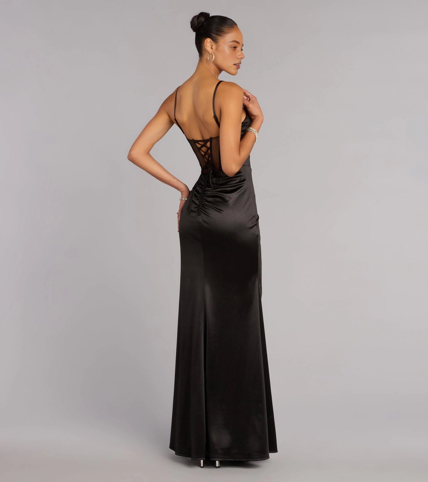 RoselleDress corset lace up open back black satin maxi gown adjustable spaghetti straps back view