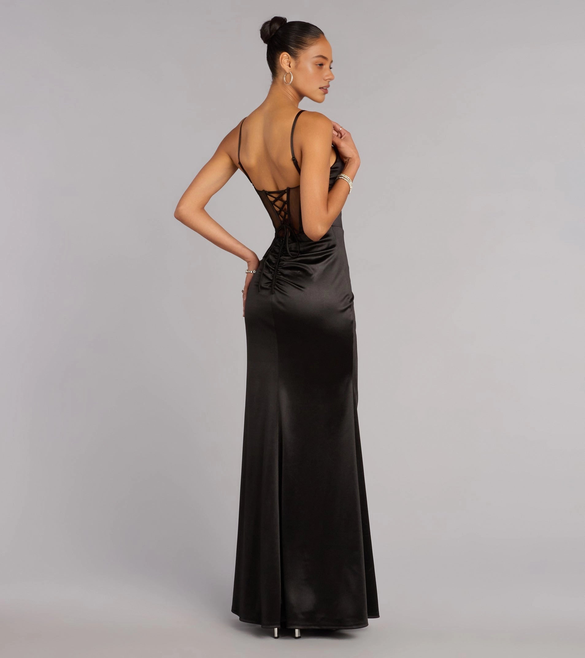 RoselleDress corset lace up open back black satin maxi gown adjustable spaghetti straps back view