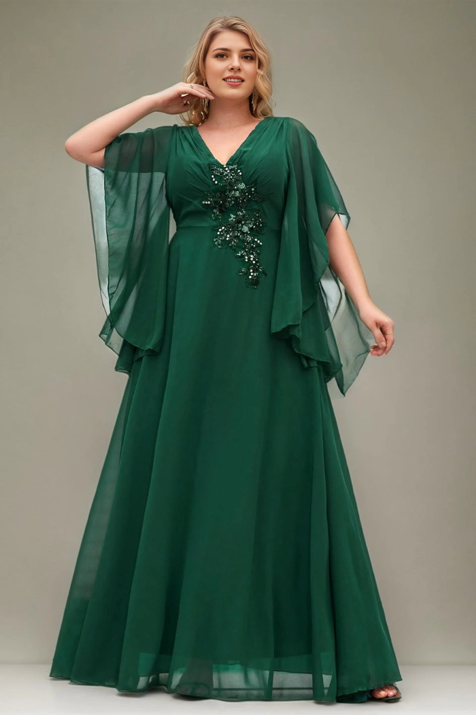 Dark Green Plus Size A‑Line V‑Neck Cape‑Sleeve Cowl‑Back Floor‑Length Prom Dress