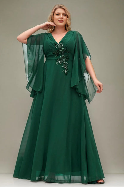 Dark Green Plus Size A‑Line V‑Neck Cape‑Sleeve Cowl‑Back Floor‑Length Prom Dress