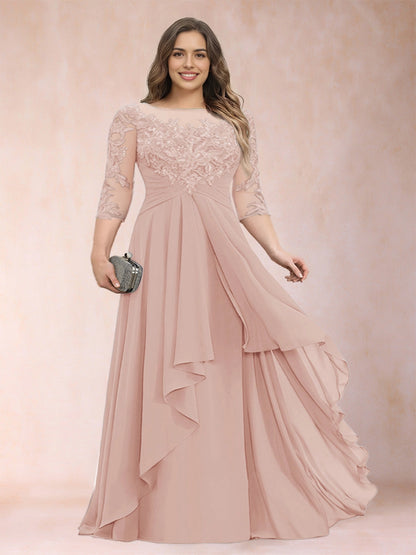 Dark Grey A Line Illusion Round Neck 3/4 Sleeve Sheer Lace Back Floor Length Plus Size Mother Of The Bride Dress