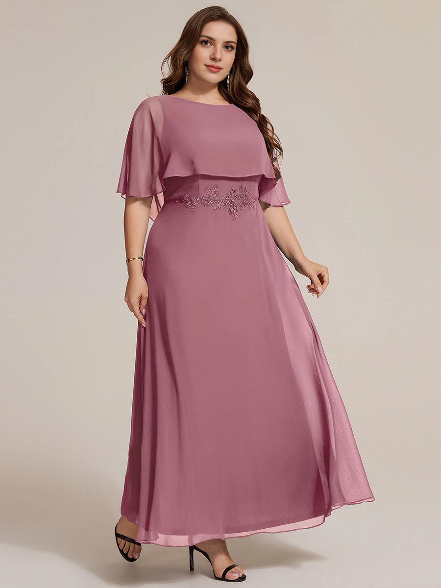 Roselledress Dusty Pink A Line Boat Neck Cape Sleeve Tie Back Floor Length Plus Size Wedding Guest Dress