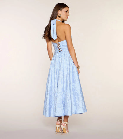 Roselledress Soft A-Line Halter V Neck Lace-Up-Back Midi Tea Length Plus Size Prom Dress
