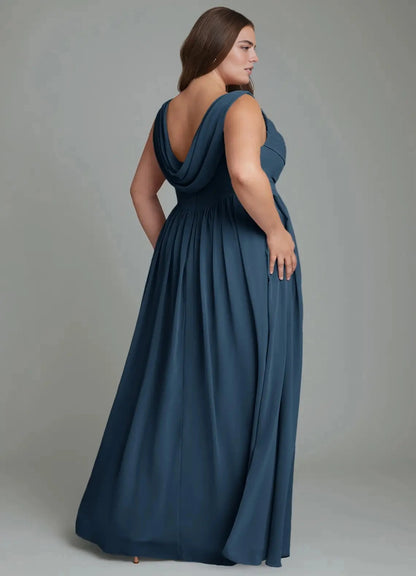 Roselledress Elegant A-Line Cowl Neck Sleeveless Draped Back Maxi Plus Size Bridesmaid Dress