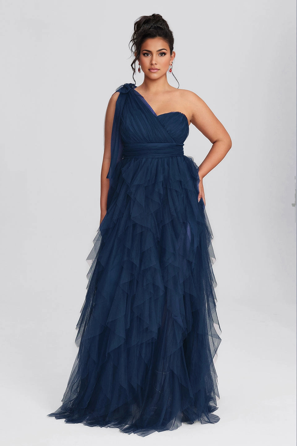 Peacock Plus Size A-Line One Shoulder Closed Back Long Prom Dress