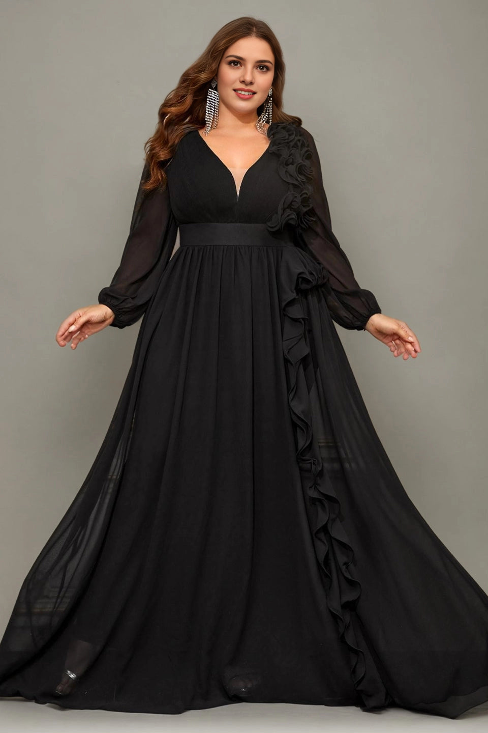 Plus Size Burgundy A Line V Neck Long Sleeve V‑Zip Back Long Prom Dress