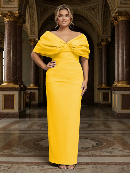 Glamorous Sheath V‑Neck Off‑Shoulder Short‑Sleeve Zip‑Back Floor‑Length Plus Size Wedding Guest Dress