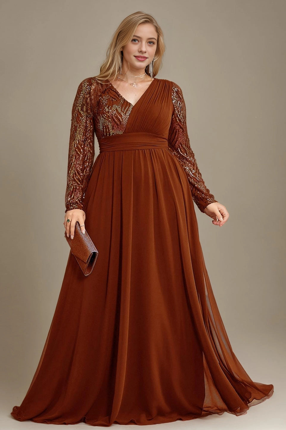 Elegant A-Line V-Neck Long-Sleeve Zip-Back Floor-Length Plus Size Mother Of Bride Dress
