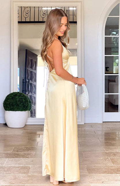 Pale Yellow A-Line V Neck Spaghetti Tie Back Midi Prom Dress