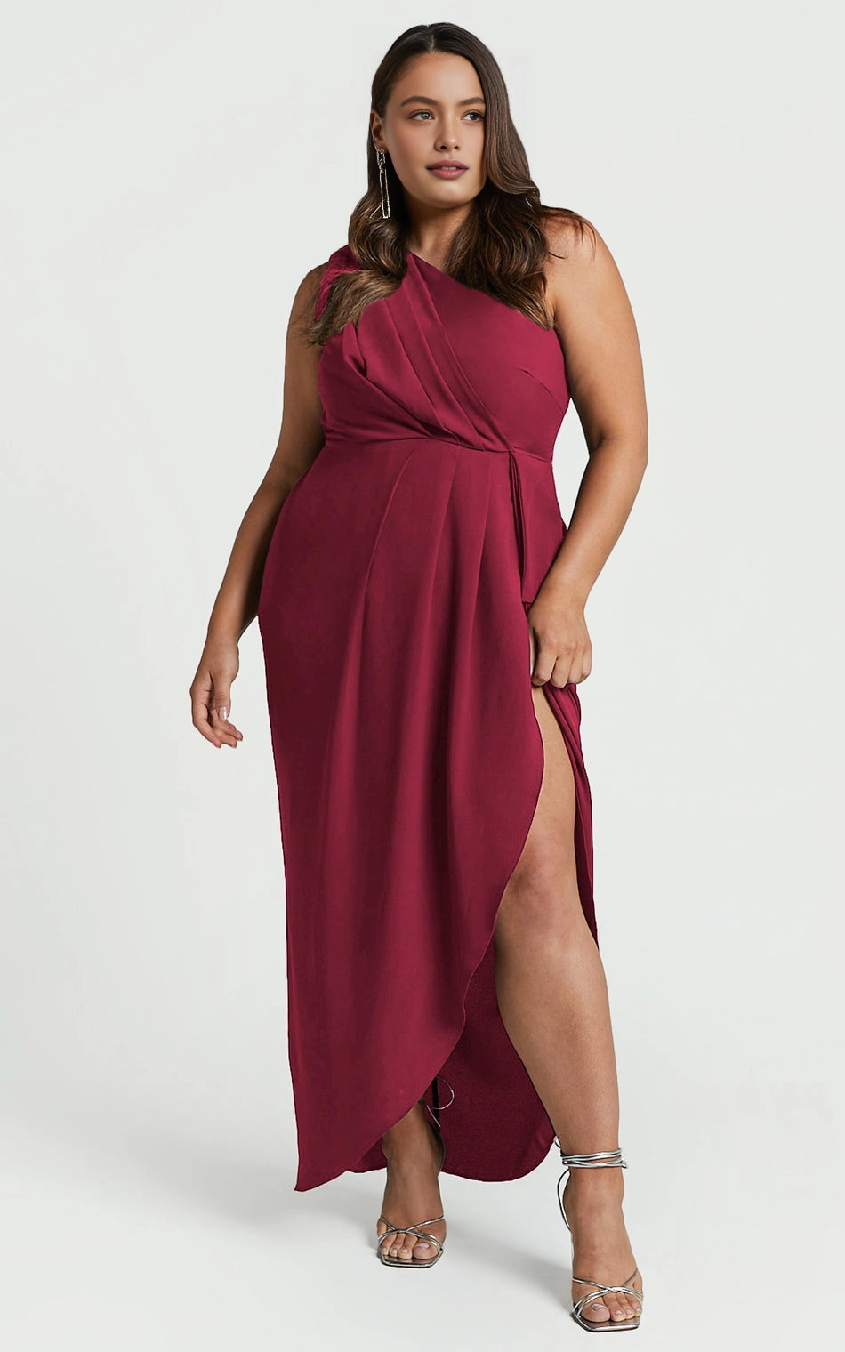 Elegant Wrap One Shoulder Plain Back Ruched Side Slit Plus Size Maxi Formal Wedding Guest Dress