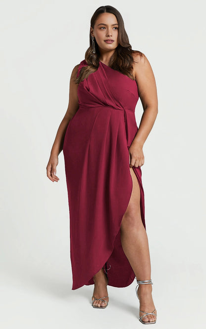 Elegant Wrap One Shoulder Plain Back Ruched Side Slit Plus Size Maxi Formal Wedding Guest Dress