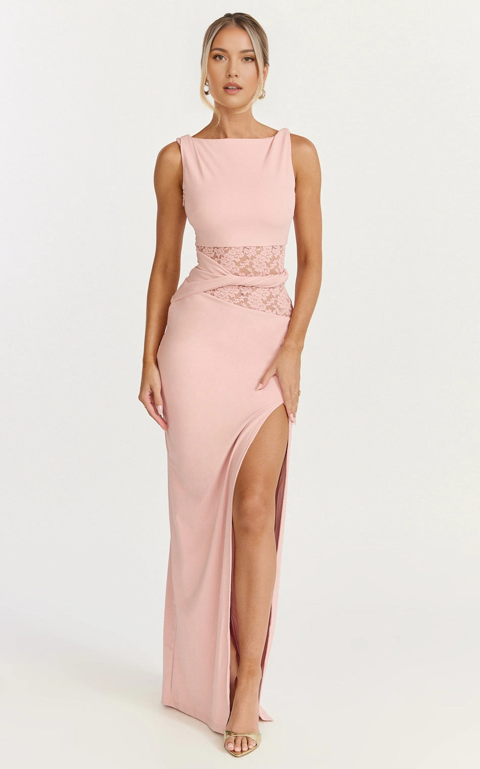 Scoop Back Lace Waist Cutout High Slit Bodycon Plus Size Wedding Guest Dress