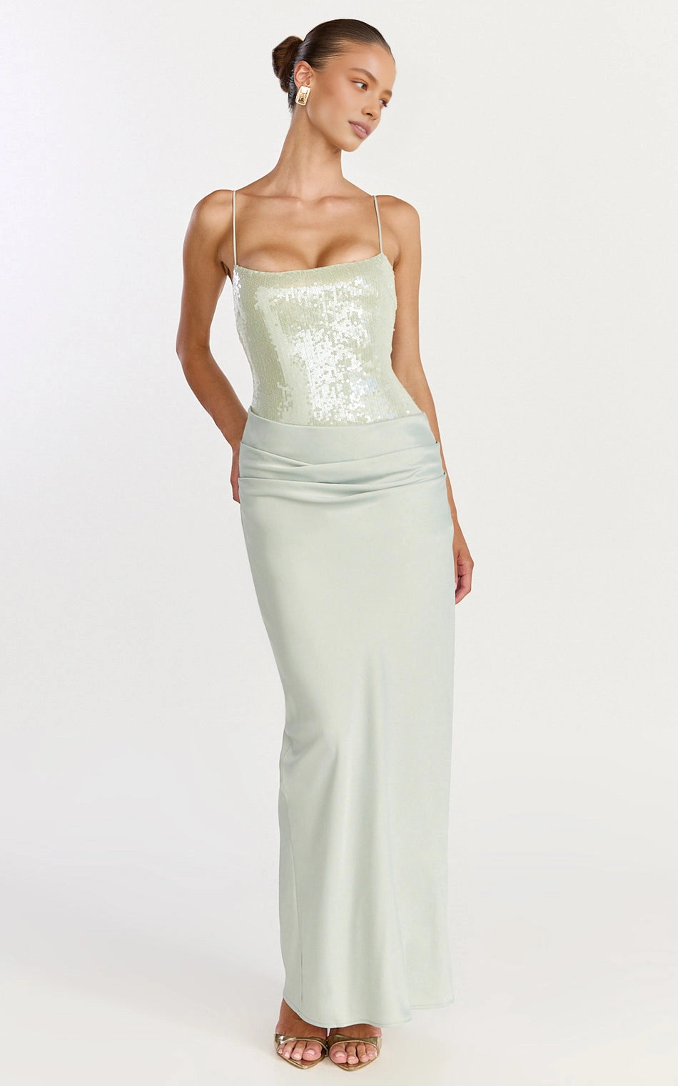 Glamorous Spaghetti Strap Square Back Adjustable Sequin Ruched Satin Plus Size Maxi Bridesmaid Dress